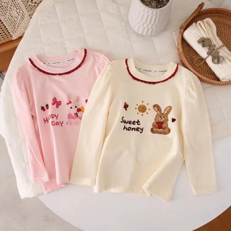 2024 Autumn Girls Cute Print Cartoon Long Sleeve Cotton T-shirts Kids Puffy Sleeve Tee