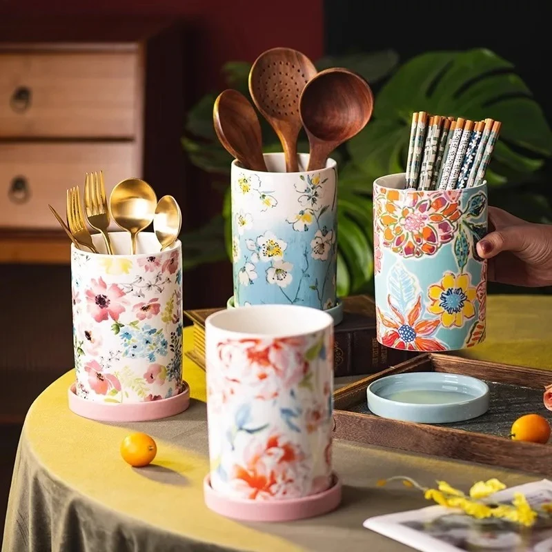 

Керамический держатель для палочек с цветочным узором, держатель для хранения ложек и вилок, контейнер для хранения банок, кухонные принадлежности для хранения