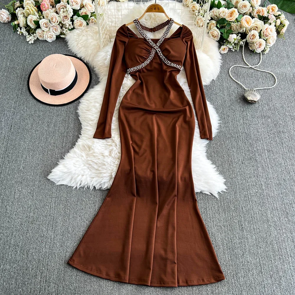 Elegant Long Sleeve Vintage Square Collar Chic Rhinestone Halter Slim Mermaid Dresses Evening High Street Autumn Winter Clothing