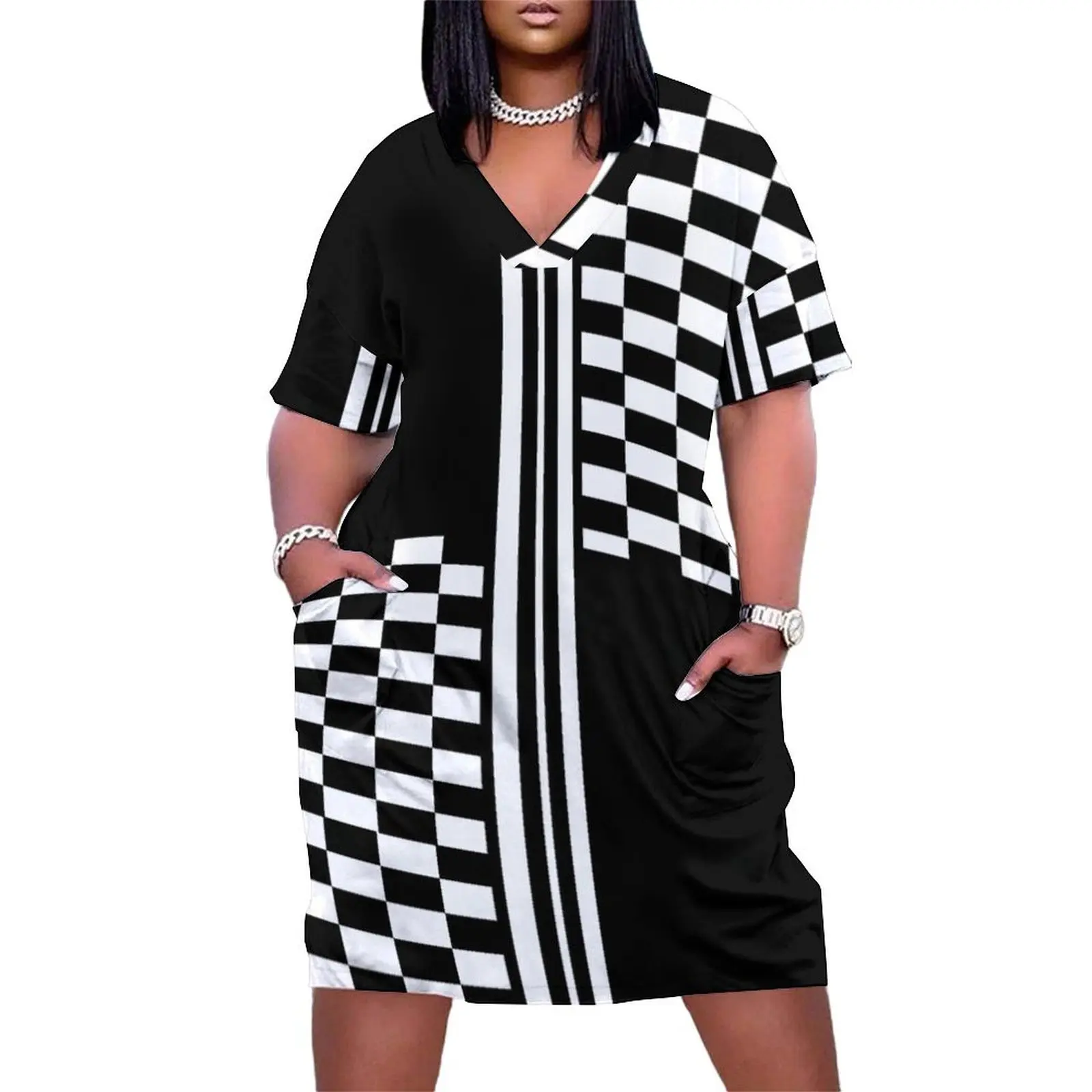 

Stylish Black and white check and stripes Loose Pocket Dress ladies dresses for special occasion