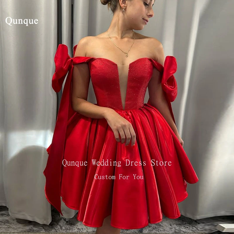 

Qunque Shiny Glitter Short Porm Dress Satin Bow Straps Vestidos De Fiesta Mini A Line Graduation Outfit Women Dress Customized