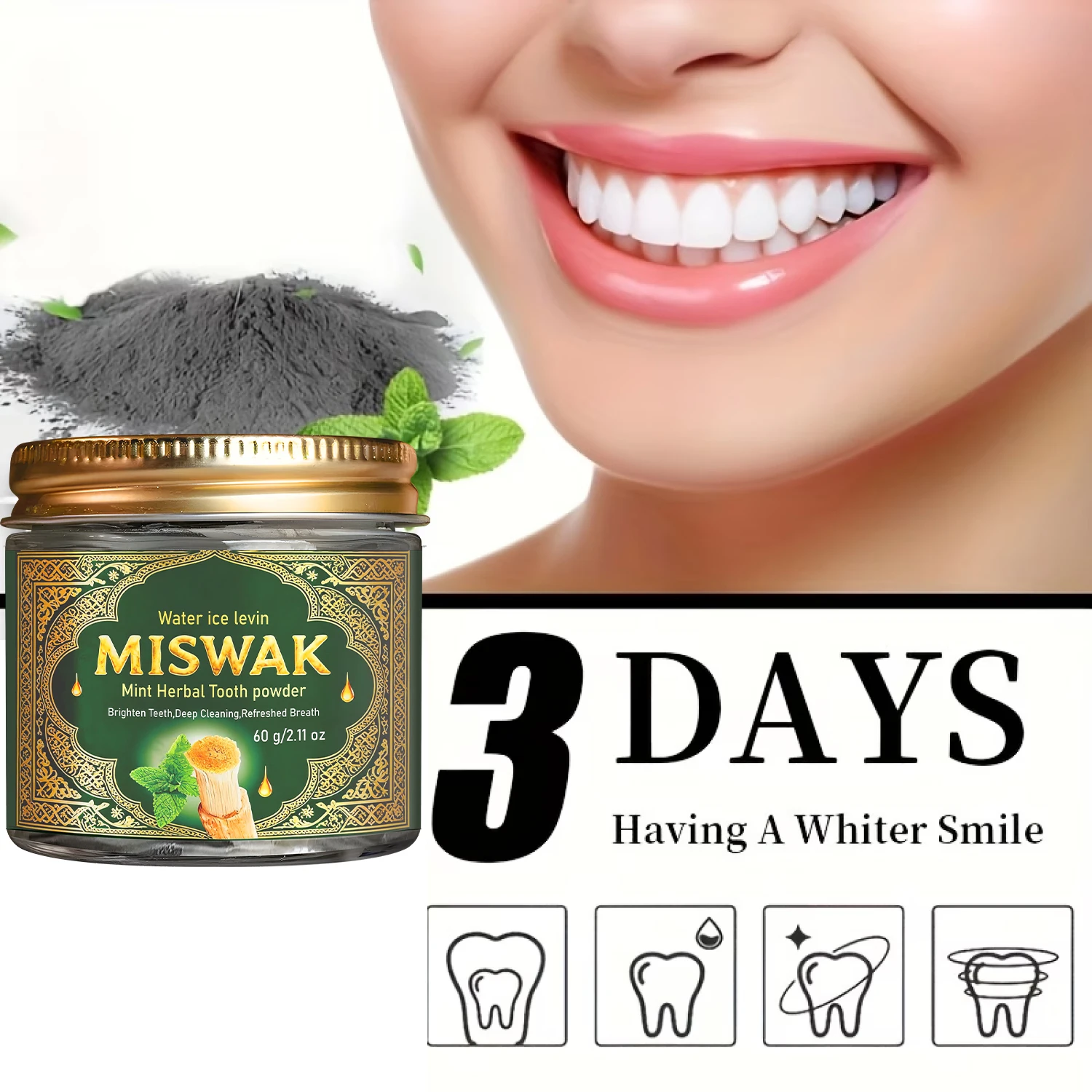 MISWAK Mint Herbal Tooth Powder, Deep Cleaning & Brightening with Charcoal & Hyaluronic Acid for Fresh Breath