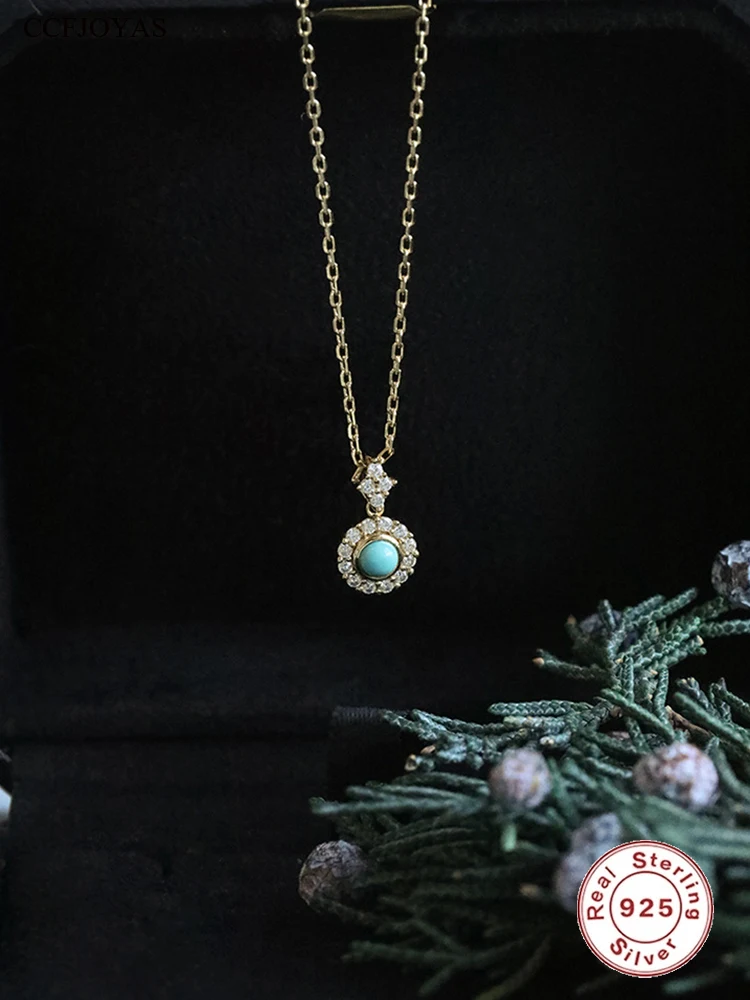 

CCFJOYAS 925 Silver Plated 18K Gold Exquisite Small Round Turquoise Pendant Sterling Silver Necklace Women Retro Clavicle Chain