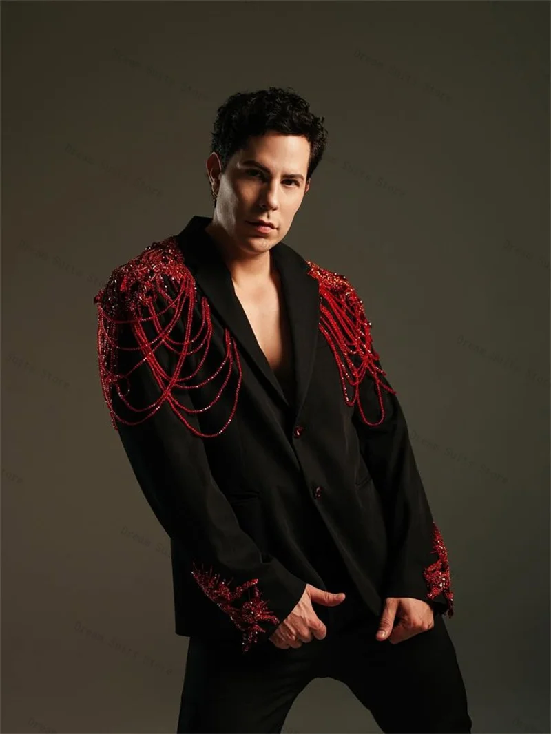 

Red Crystals Men Suit Set 2 Piece Black Blazer+Pants Trousers Customized Formal Office Jacket Male Groom Wedding Tuxedos Coat