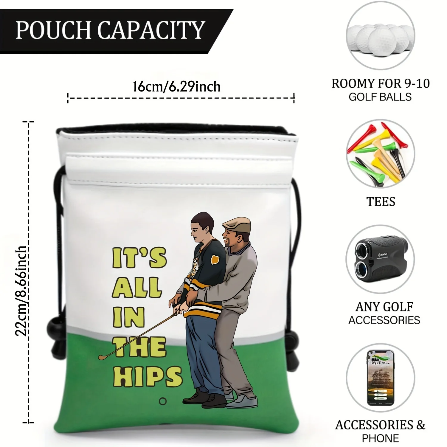 Funny Golf Valuables Pouch, PU Leather Golf Tee Pouch with Drawstring Closure Golf Ball Handbag Portable Ball Pouch
