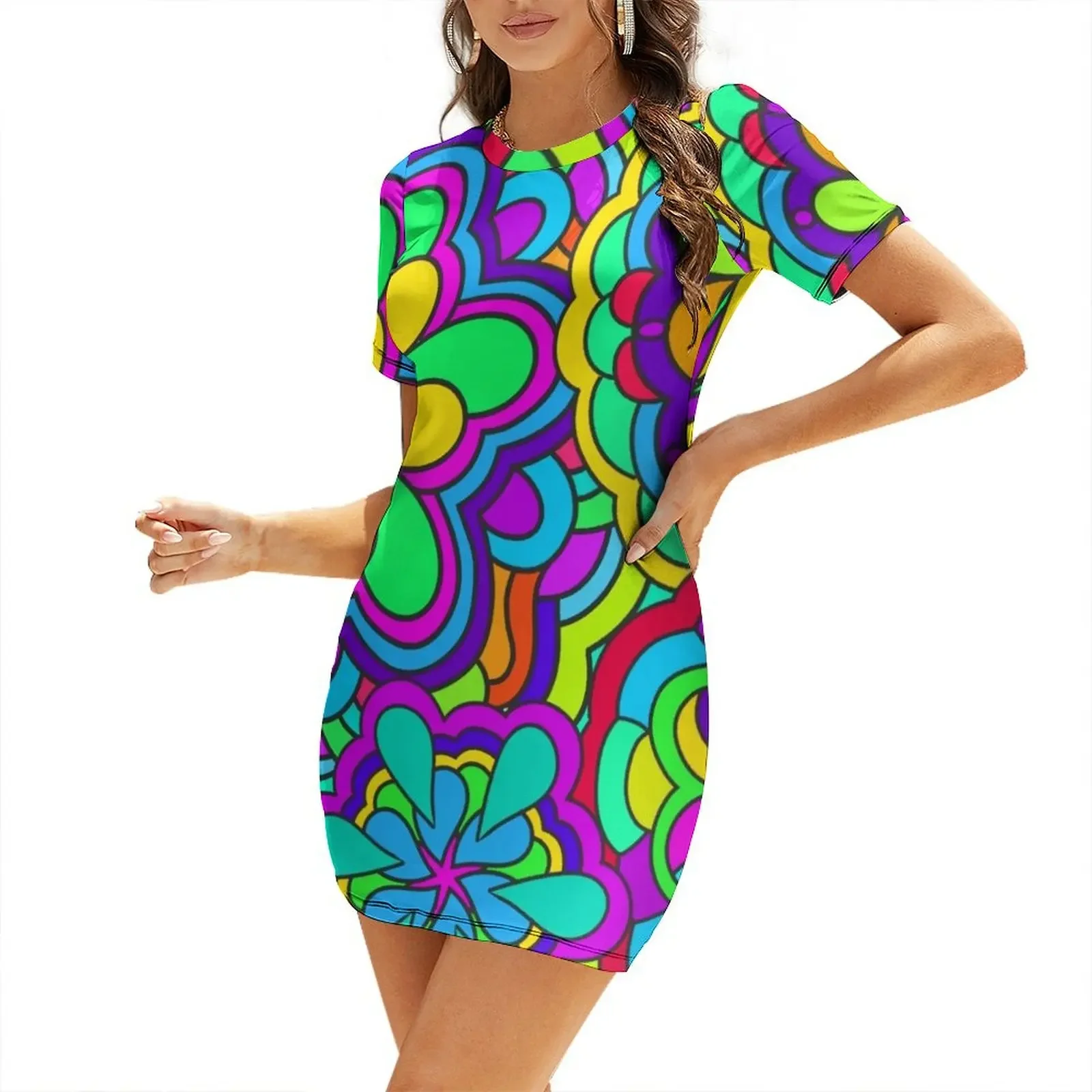 

Funky Colorful Psychedelic Retro Flower Art Short-Sleeved Dress fairy dress Women's long dress beach