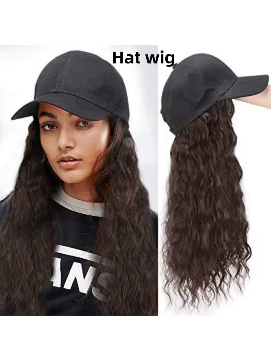 Wig Dark Brown Baseball Cap with Synthetic Natural Wavy Hai Attached Women Adjustable Hats Long Wavy