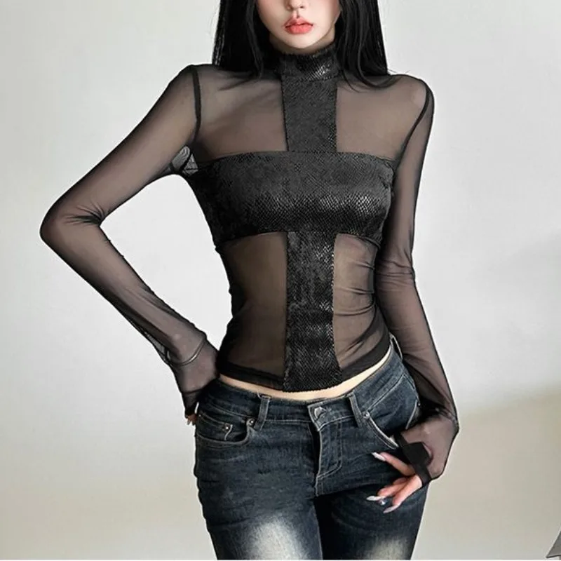 American Style Mesh Long Sleeved Bodysuit T-shirt Female Off Shoulder Sexy Chest Low Cut One Piece Tops Serpentine Cross T-shirt