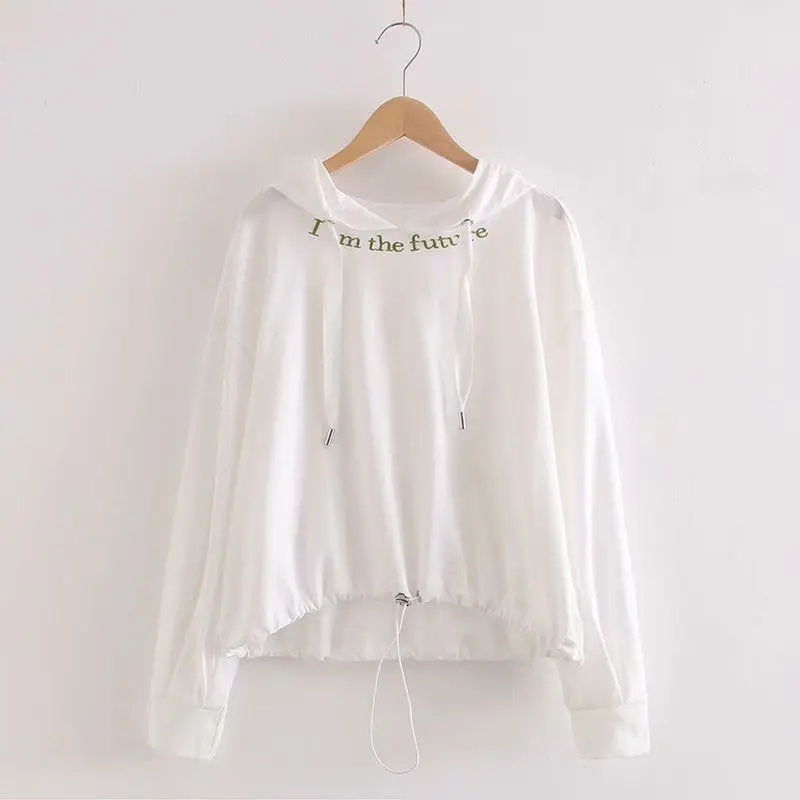 Autumn New Hoodies Women Korean Style Solid Color Hooded Pullover Thin Jacket Drawstring Long Sleeve Top Alphabet Print Hoodie