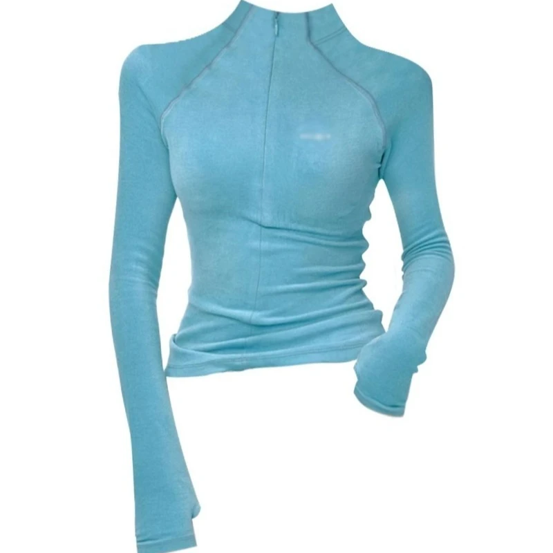 American Style Spicy Girl German Velvet Half High Neck Base Shirt Women's Autumn and Winter Slim Fit Long Sleeved Yoga Top