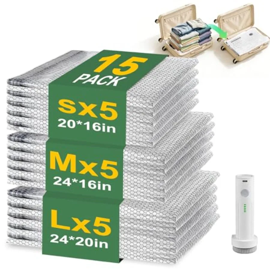 

Вакуумные пакеты для одежды с беспроводным электрическим насосом - для путешествий и домашнего использования, 15 штук, идеальные для экономии места, вакуумные пакеты для хранения U