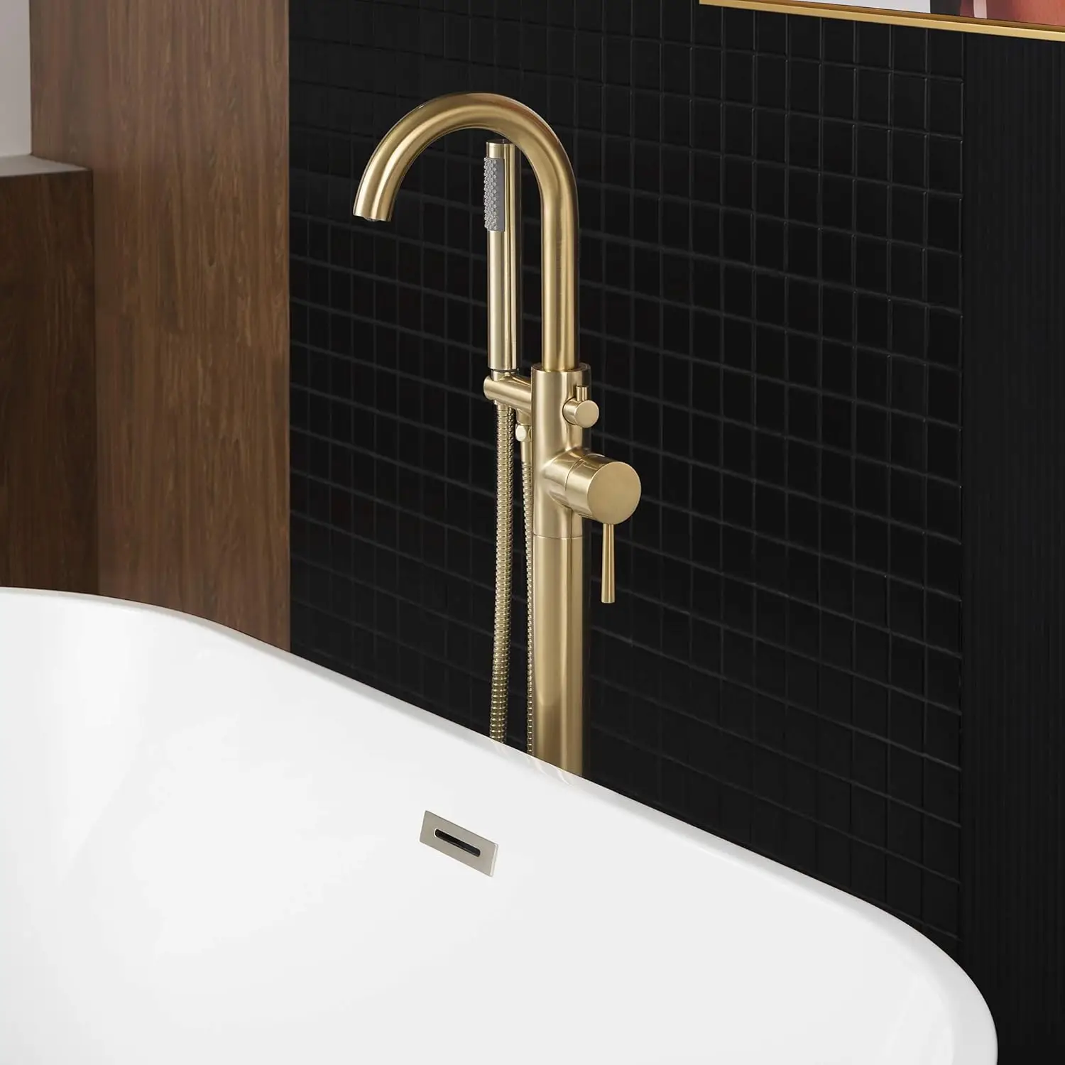 F0007 BG Freestanding Tub Filler Bathtub Floor Mount Brass Bathroom Faucets with Hand Shower, F-0007 Golden, Brushed Gold