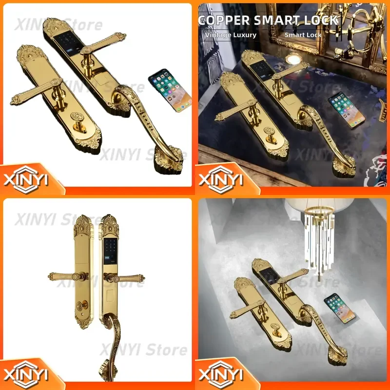 Solid Forged Pure Copper Fingerprint Smart Door Lock for Luxury Vintage Antique Brass Handle Wood Door WiFi Aluminum Alloy