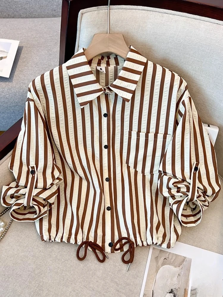 

Fashion All Match Shirts Striped Pockets Draw String Crop Tops Long Sleeve Blouses Casual Loose 2025 New Vintage Women Clothing