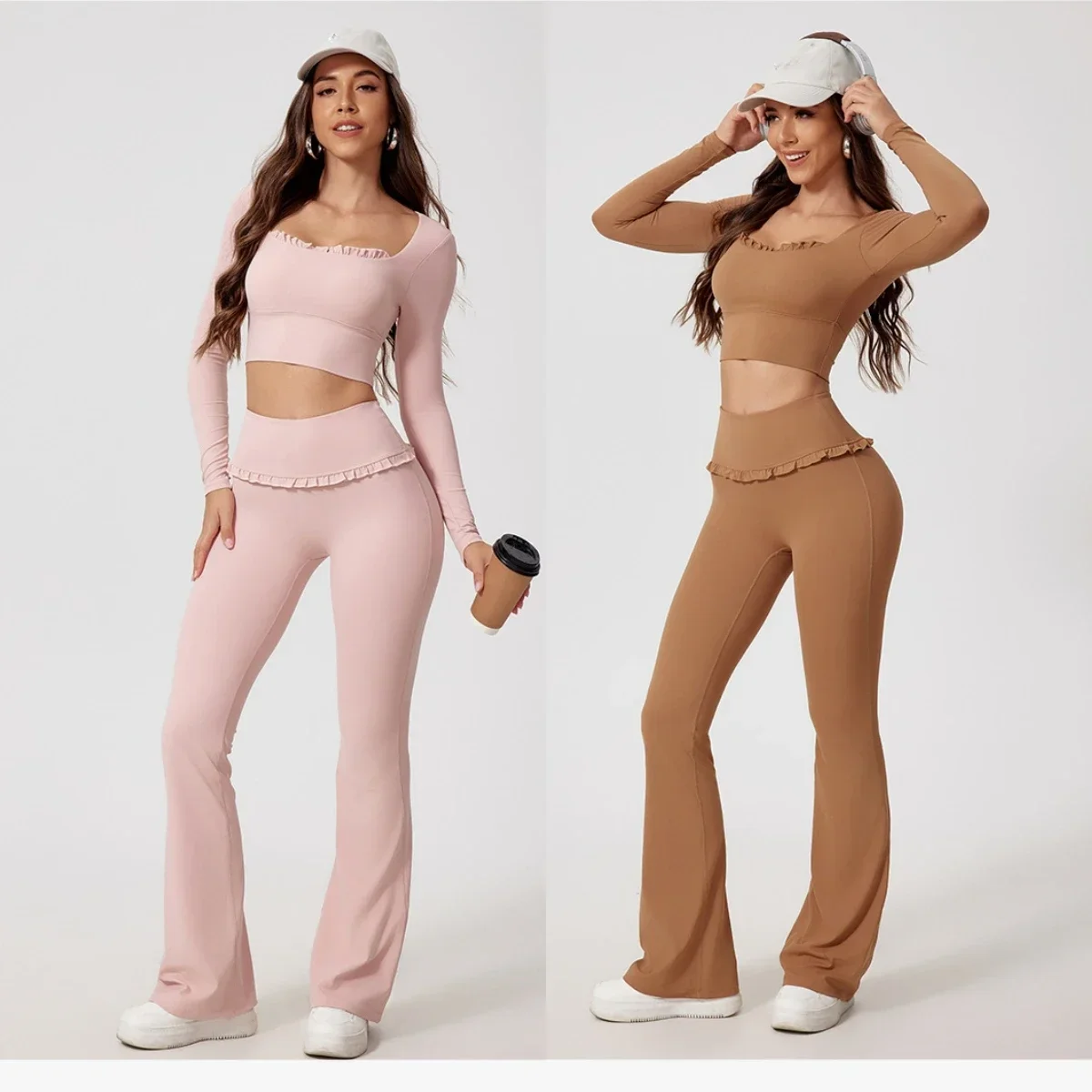 

2PCS Padded Women Yoga Set Flare Legging Gym Fitness Long Sleeve Sports Crop Top High Waist Slim Bell Workout Athletic Wear
