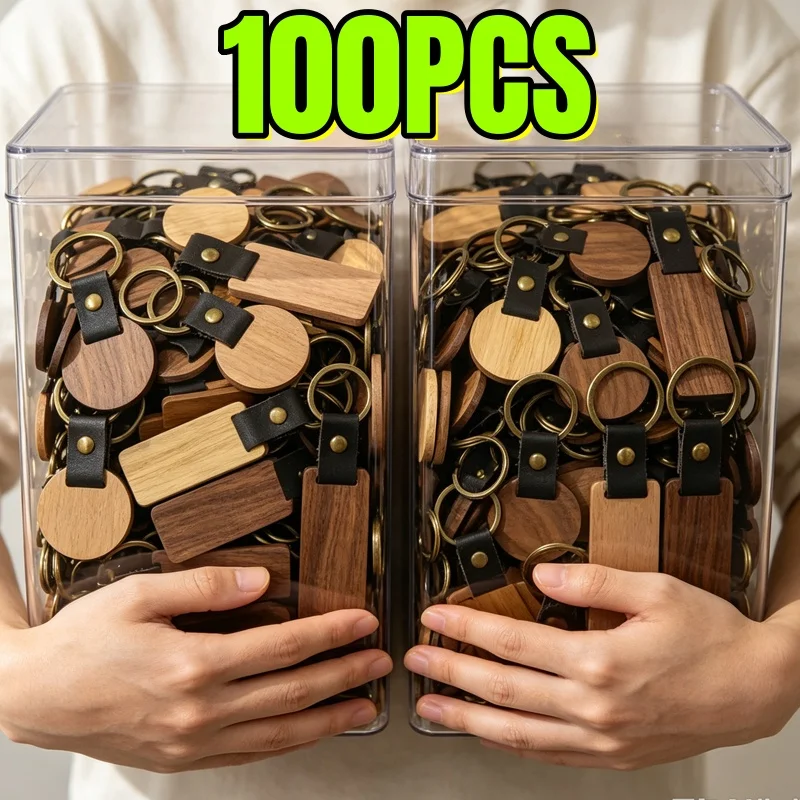 100pcs Blanks Wood PU Leather Key Chains Wooden Keychains Laser Engraved Keyrings for Car Ornament Gifts DIY Accessory Name Tag