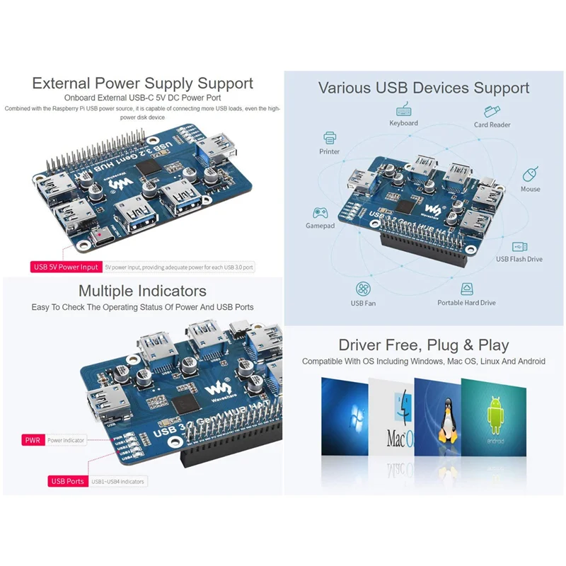 Waveshare USB 3.2 Gen1 HUB HAT Expansion Board per Raspberry Pi 4 B 3 B + 3 B 2B Zero Zero 2 W Zero WH,Plug and Play