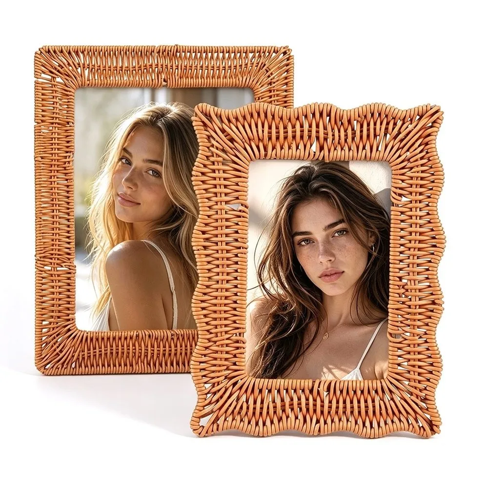 Boho Style Vintage Rattan Photo Frames 4x6 Inch PP Woven Wicker Photo Frames Handmade Rustic Charm Picture Frame Home Decoration