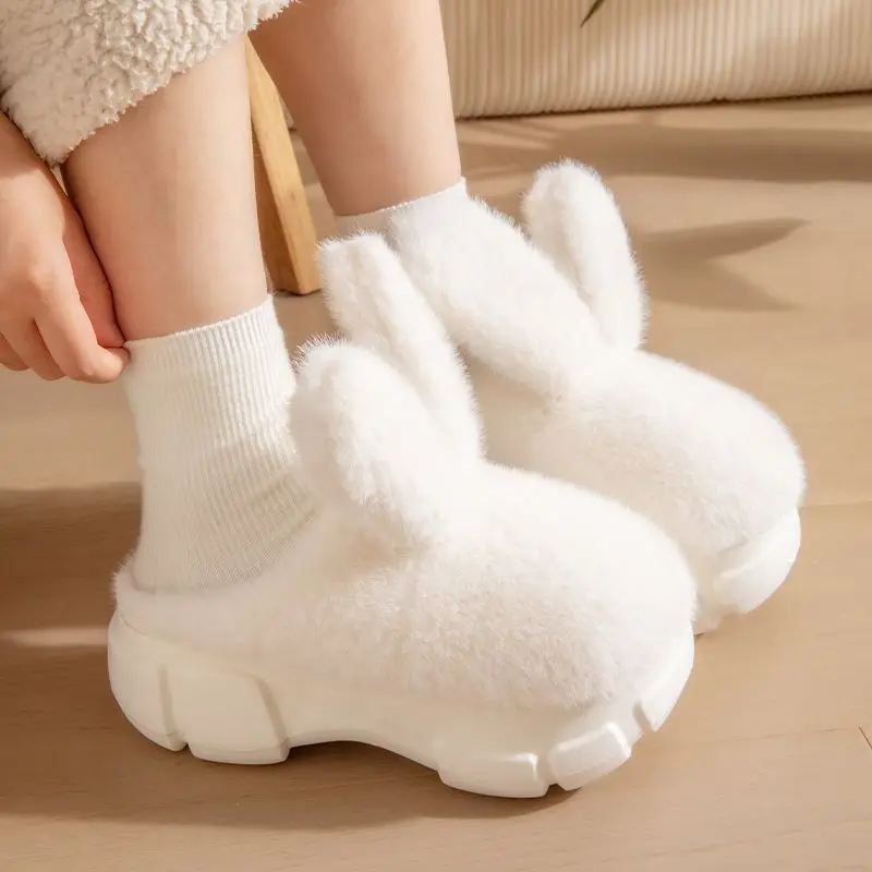 8 cm High platform fur slippers women\'s winter fluffy ear home shoes woman white bunny rabbit slippers woman house clog shoes