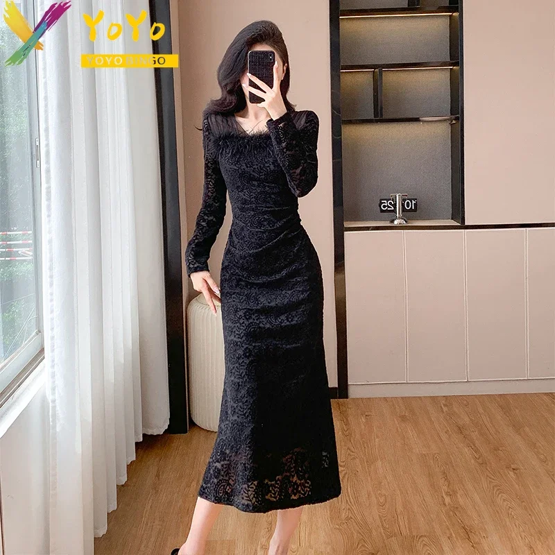 Elegant Lace VคอยาวแขนยาวFishtailชุด 2024 ผู้หญิงแฟชั่นSlim Fit Temperament Party Dressหรูหราชุด