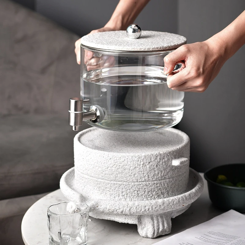 

Rustic Glass Water Pitcher with Spigot Large Capacity Heat Resistant Beverage Dispenser Country Style Iced Tea Juice Container