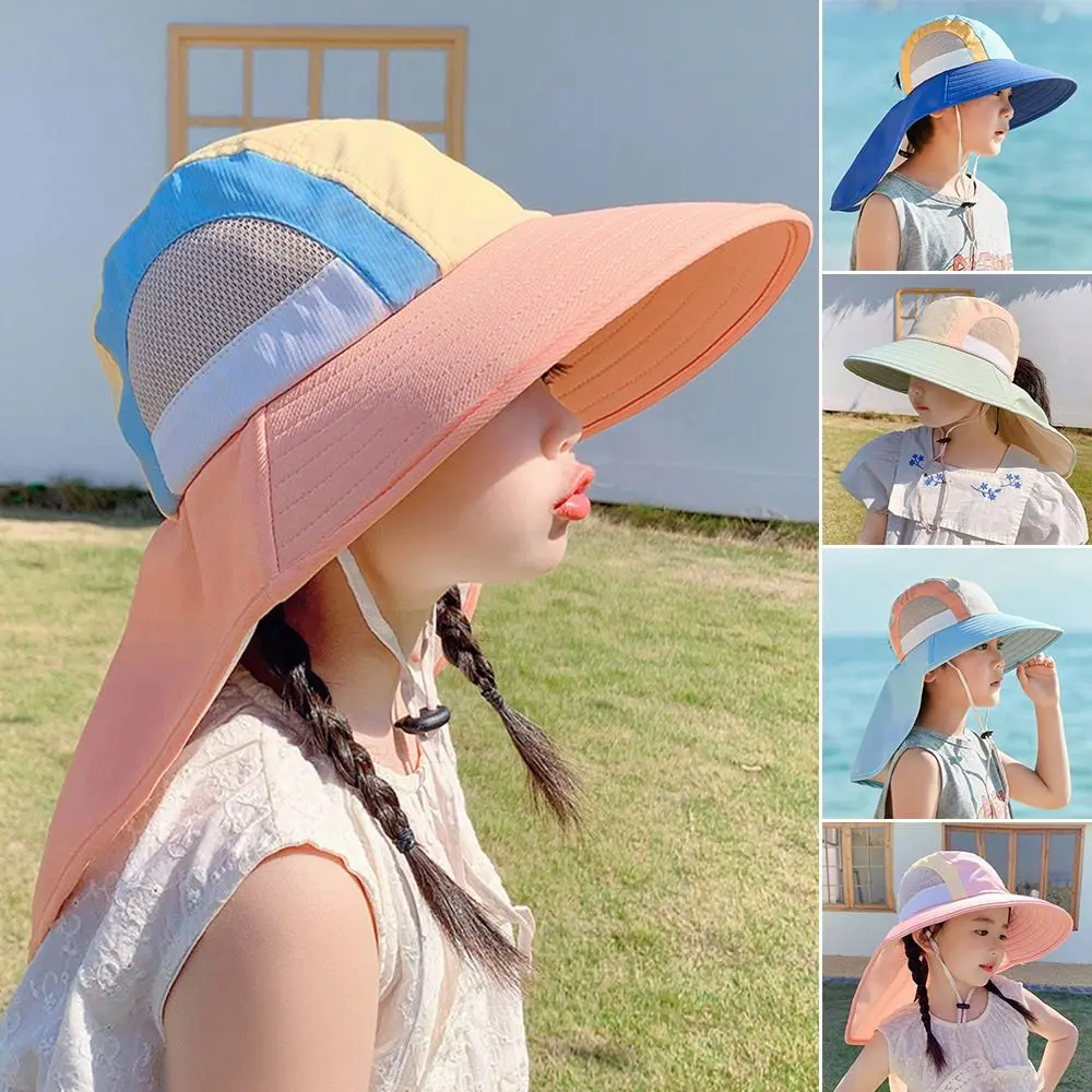

Fashion UV Protection Baby Sun Hat With Neck Flap Strap Breathable Bucket Hat Wide Brim Panama Cap Kids