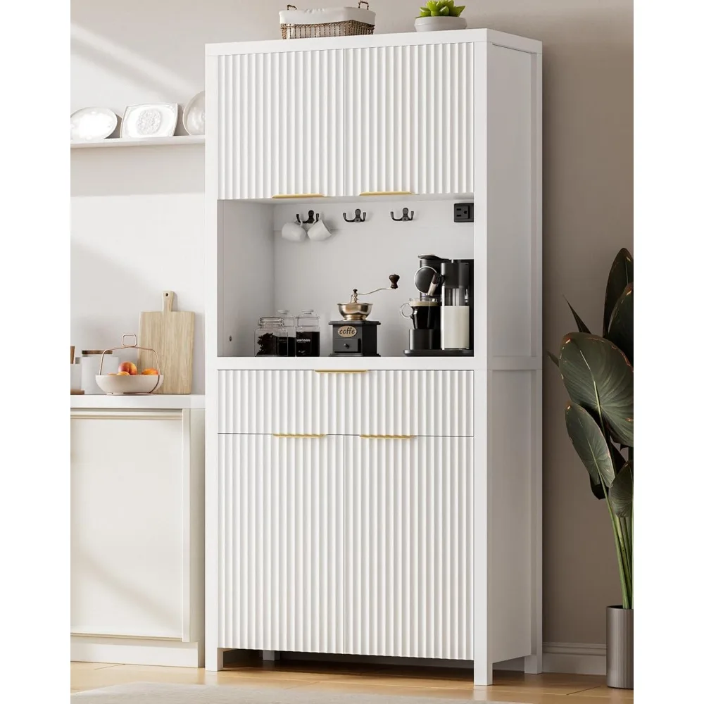 

White Fluted Pantry Cabinet with Charging Station, Adjustable Shelves, Spacious Kitchen Storage Organizer with Open Count