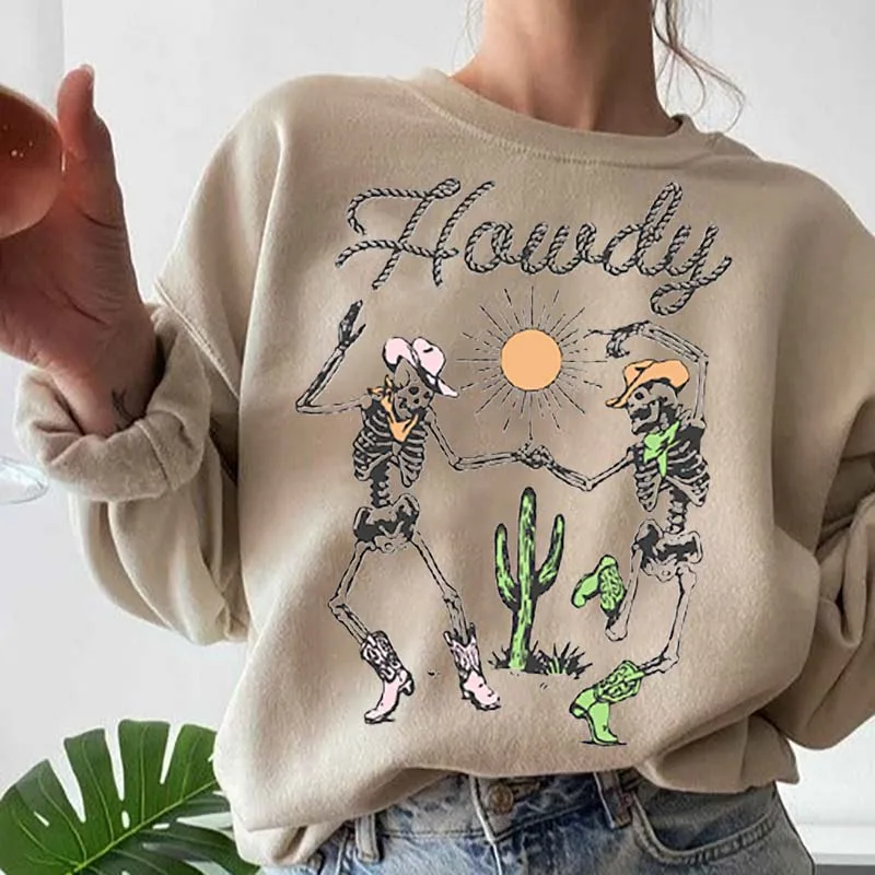 

Howdy Skeleton Cowgirl Western Style Sweatshirt Hoodies Autumn Vintage Hippie Boho Women Graphic Top Retro Long Sleeve Clothing