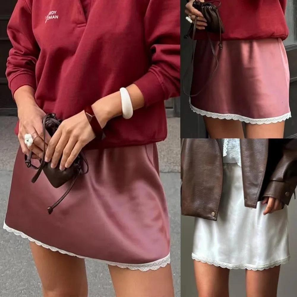 

Летняя сексуальная атласная белая мини-юбка с высокой талией, эластичным поясом, кружевными вставками, мягкая, облегающая, с кружевным пэчворком