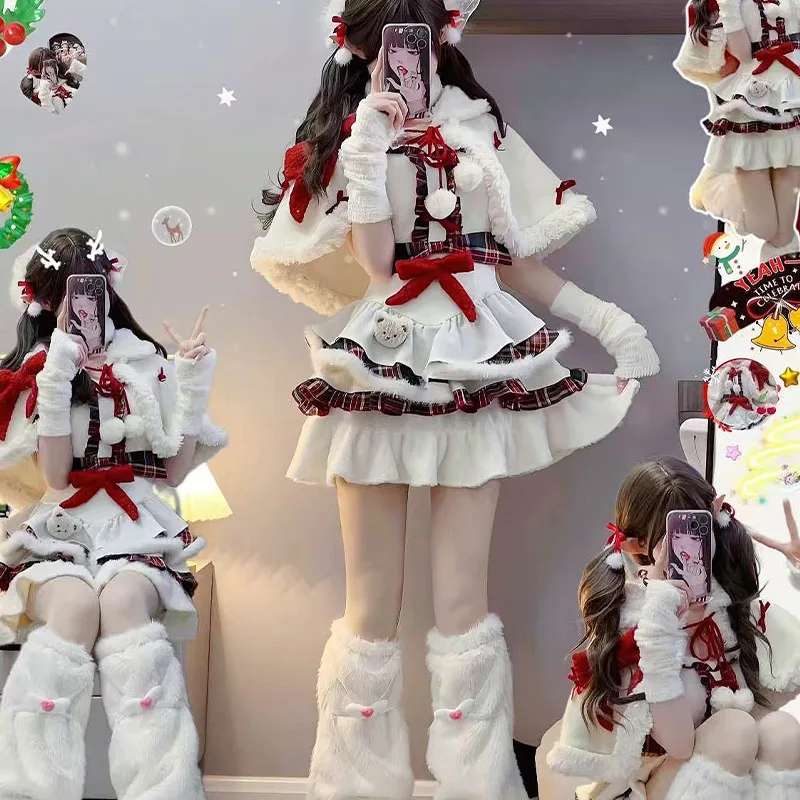 

3Pcs Christmas Costumes Girls Winter New Year Sets Y2K Kawaii Cloak Robe Coat Hairy Lolita Bow Plaid Cake Mini Dress Suit Gifts