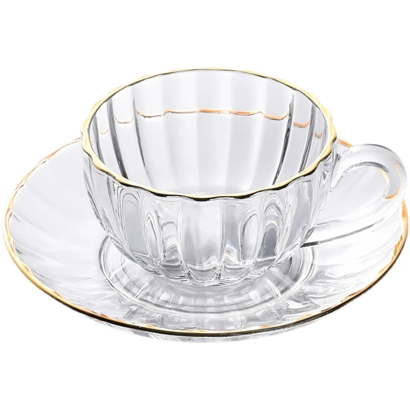 KLP Tea Set Cup and Saucer Set，Transparent Glass Dish Bubble Flower Tea Cup Coffee Cup with Handle