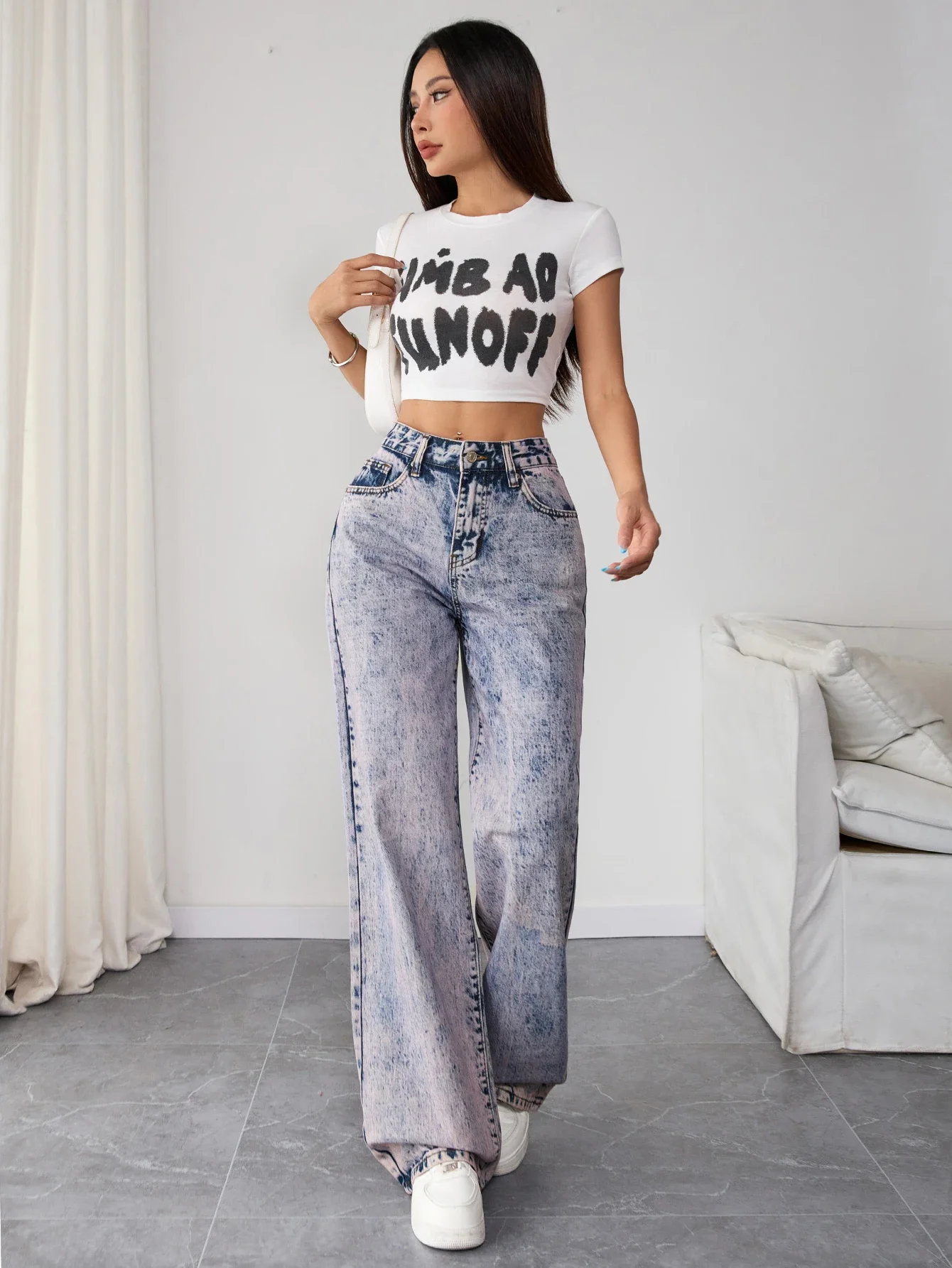 Vaqueros sueltos de calle a la moda para mujeres pequeñas, pantalones vaqueros lavados de tiro alto, ropa de pierna ancha inspirada en los años 90