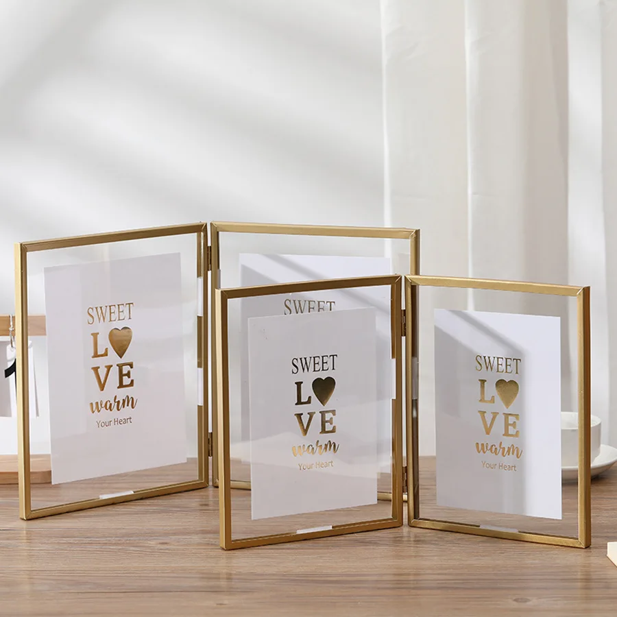 Creative Metal Foldable Double Frame, Gold & Black Tabletop Display for 4/6/7/8 inch Photos, Gift