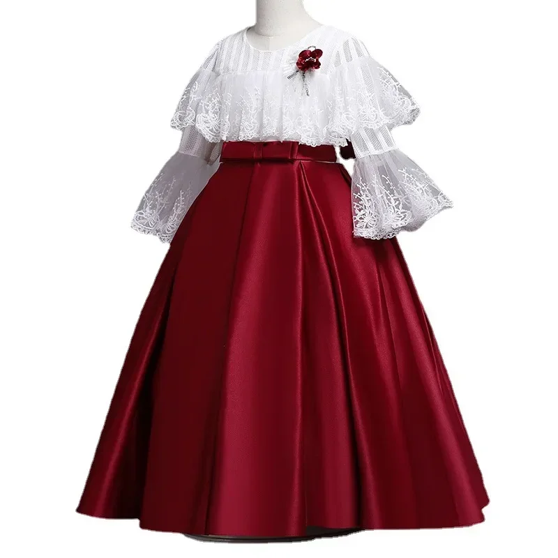 Vestido de Cetim Princesa Infantil, Tornozelo-Comprimento, O-Neck, Flower Girl Vestidos, Walk Show, Prom Performance, Novo