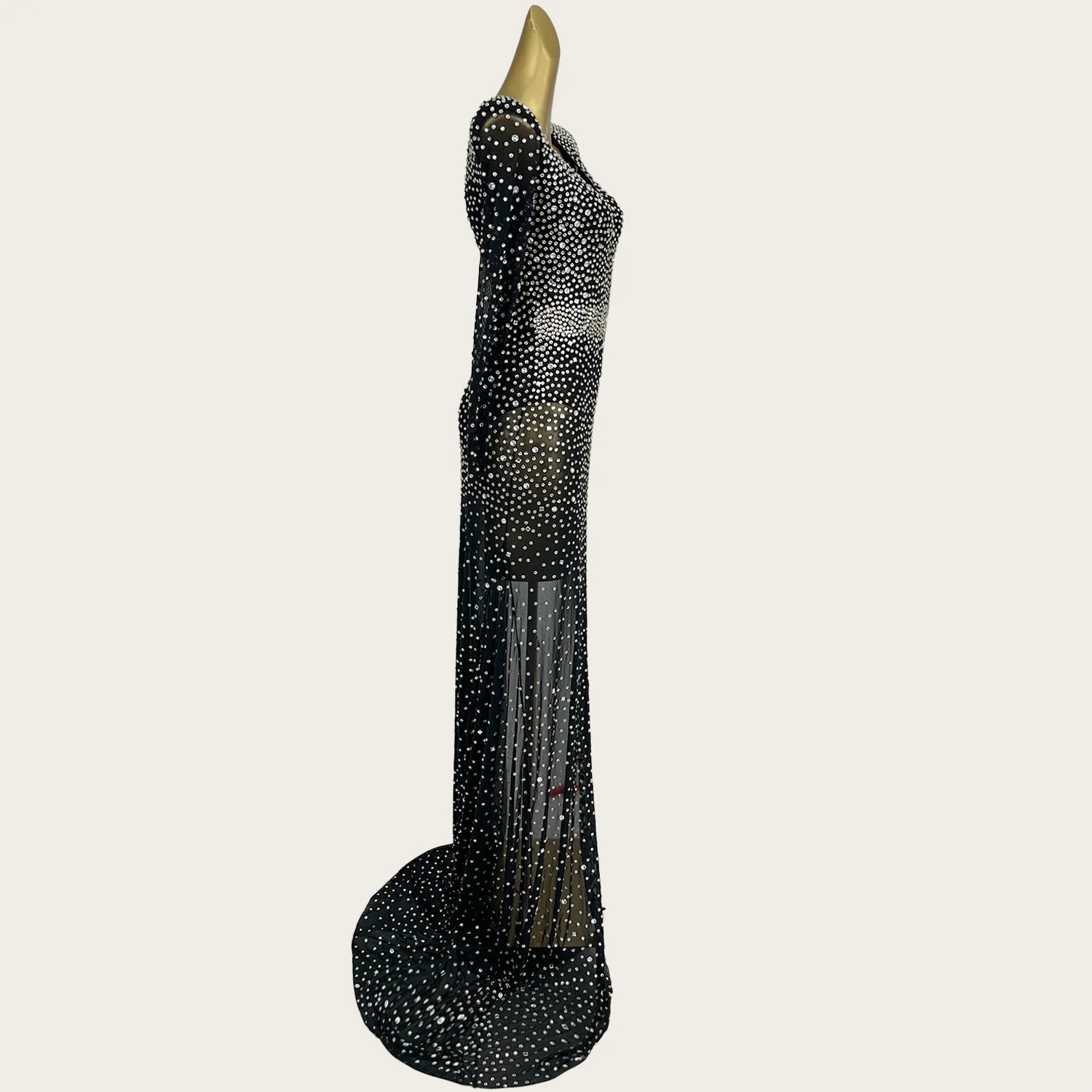 فستان أسود طويل من حجر الراين اللامع بقماش شفاف وفتحات جانبية عالية للحفلات الراقصة والسجادة الحمراء ثوب مسائي رسمي لحفلات أعياد الميلاد Heihai #4