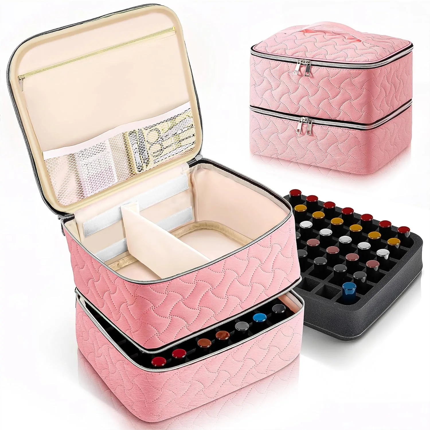 Nail Polish Organizer Case Holds 42 Bottles, Portable Double-Layer Storage Bag with Adjustable Dividers for Manicure Tools, Pink