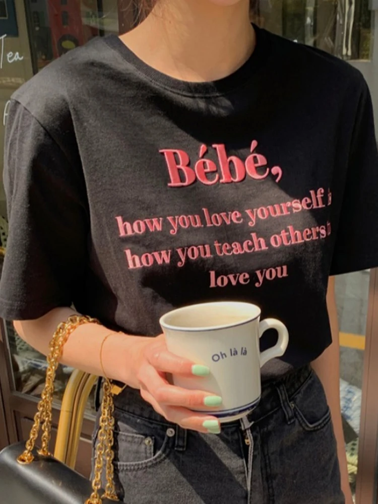 

Круглая футболка в стиле ретро с вышитыми буквами, женская летняя шикарная простая футболка Sli ort Sve, универсальная свободная посадка для поездок на работу