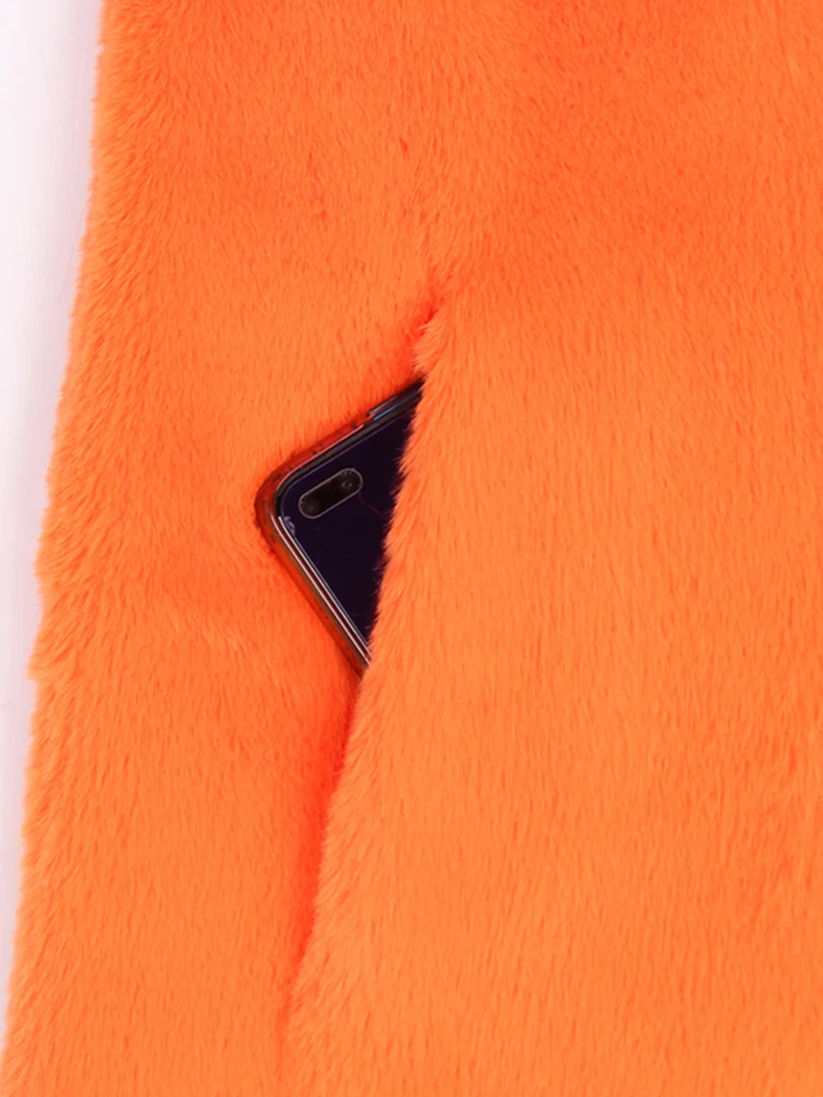 Nerazzurri Winter Long Orange Warm Thick Soft Fluffy Faux Fur Coat with Fur Trim Belt Elegant Luxury Retro European Fashion 2021