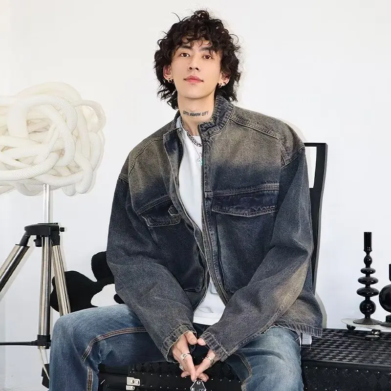 

Loose Fit Vintage Blue Denim Jaet with Large kets Stand Collar Zipper Casual Men's Jaet Trendy Outerwear for Youth