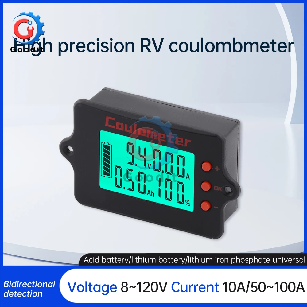 DC 8~120V Battery Indicator Voltmeter Voltage Current Battery Capacity Tester Acid/Lithium Battery Tester 10A/50A/100A Shunt