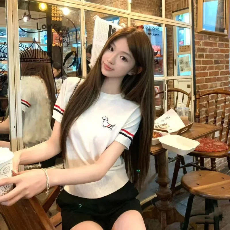 

Summer Women Cartoon Embroidery Short Sleeve T-shirt O-neck Fashion Casual Loose Tops Vintage Chic Sweet Pullovers