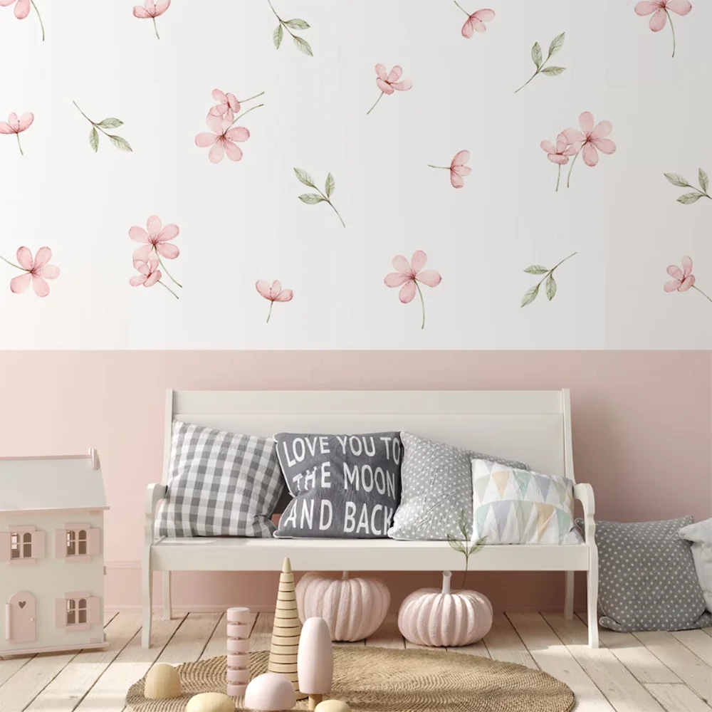 Watercolor Meadow Floral Wall Sticker Bedroom Girl Room Pastel Flower Botanical Plant Wall Decal Playroom Living Room Decor