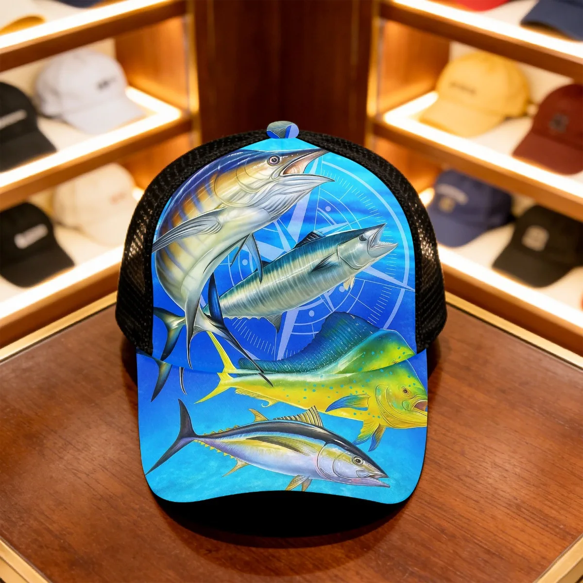 1pc Nautical Fishing Cap with Big Game Fish Design Adjustable Snapback, Breathable Mesh Panel & Marlin/Tuna Print