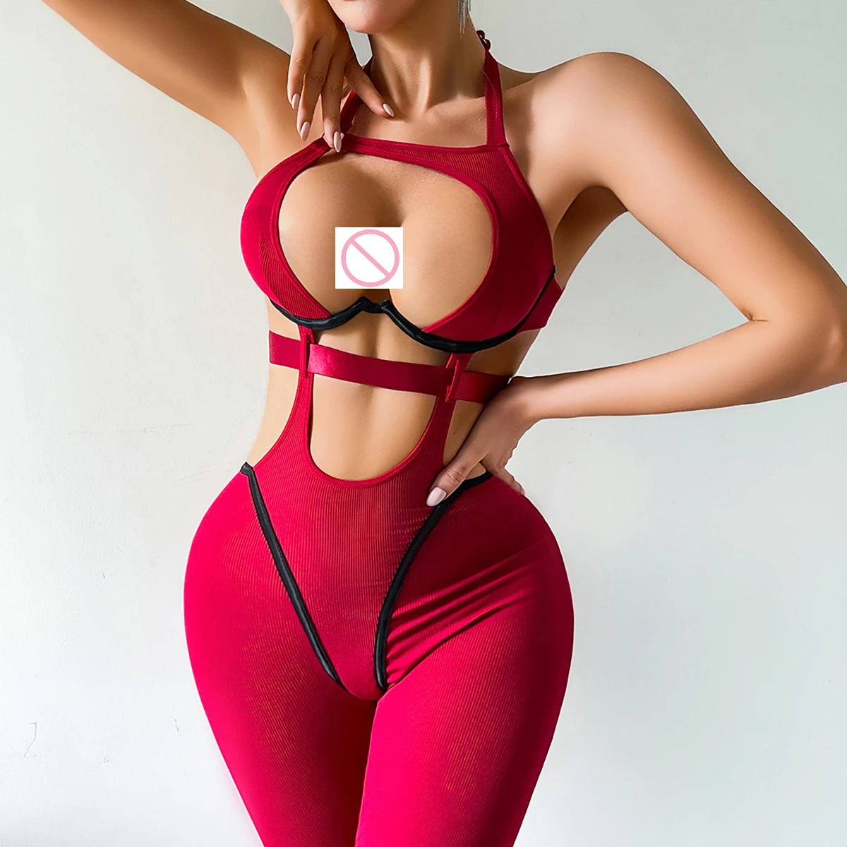 Spicy Girl Sexy One Piece Jumpsuit Halter Neck Low Cut Hollow Out Color Contrast Micro Flared Pants For Women