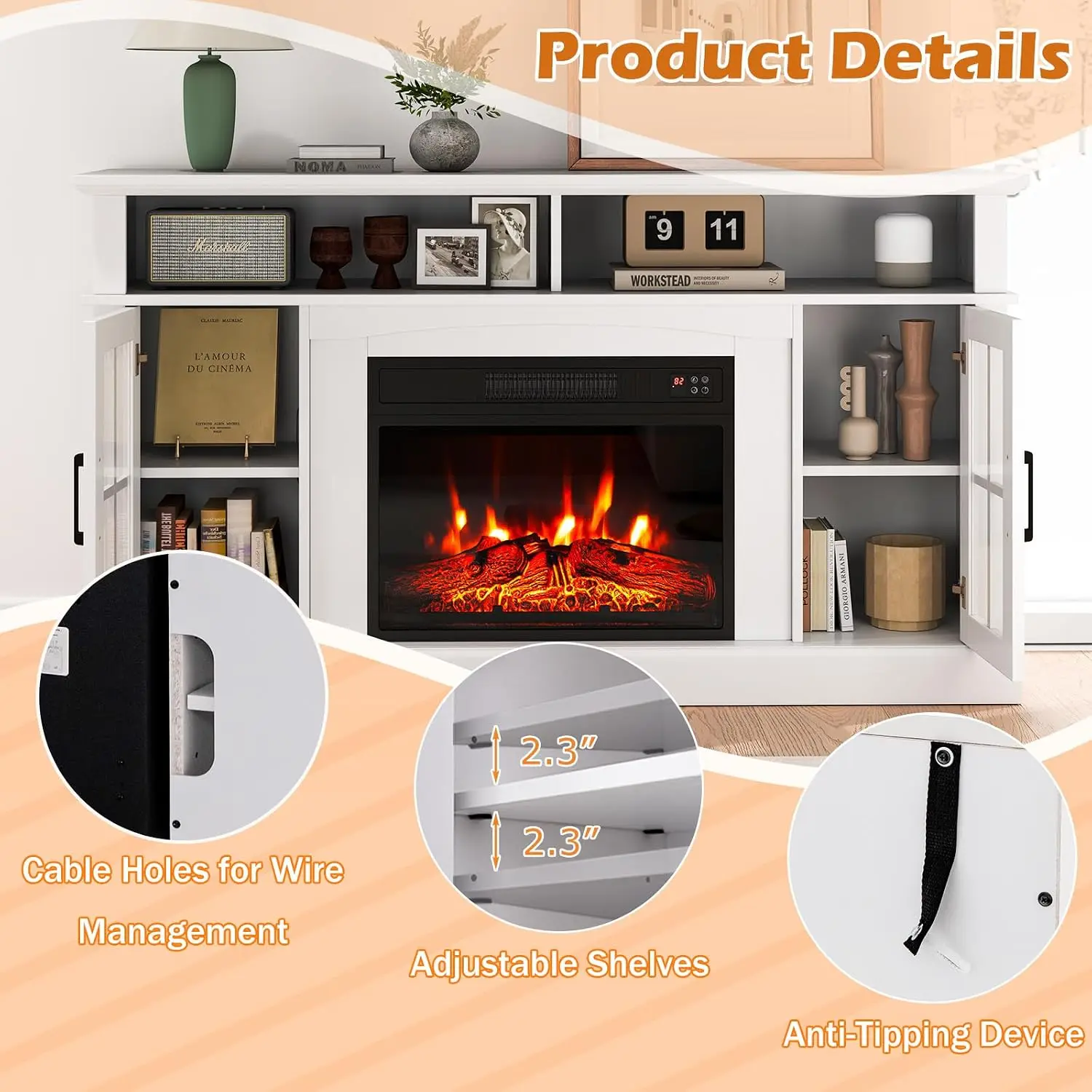 58 Inch TV Stand With Electric Fireplace, White, Customized