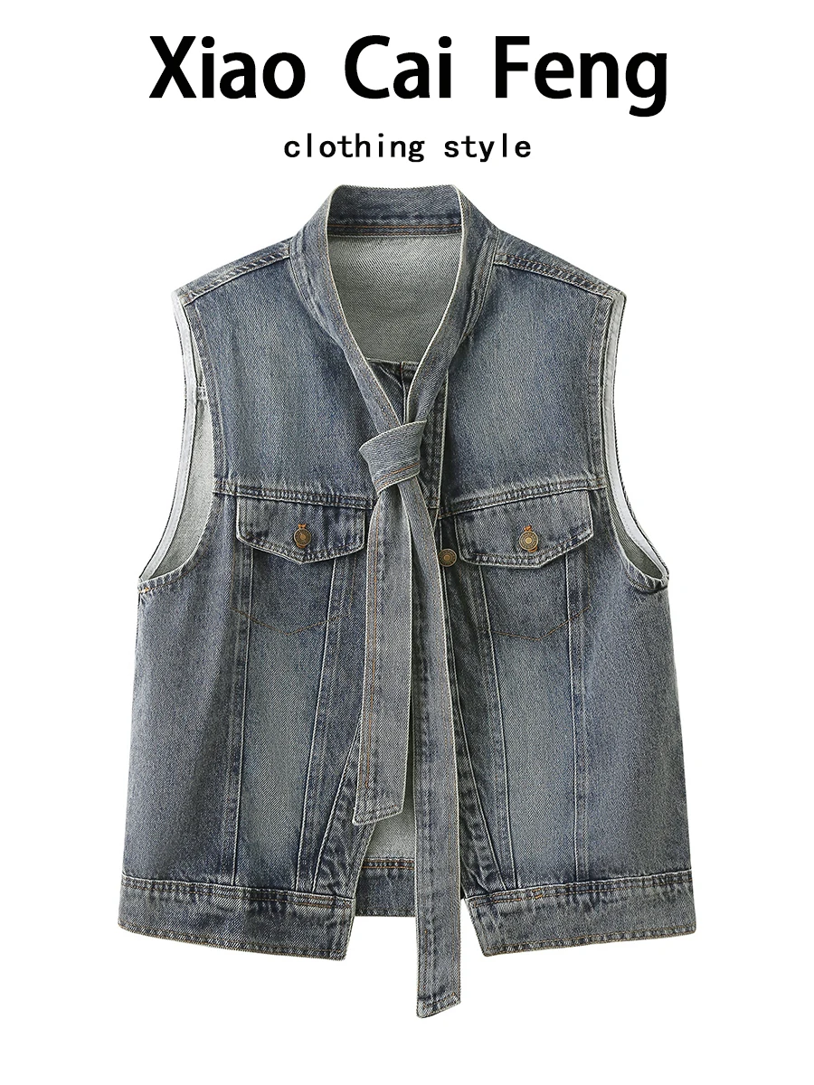 Ele Bow Tie Denim Vest Women's Svel Faionable Outerwear Spring Summer Sli Top Commute Sle Regular Length
