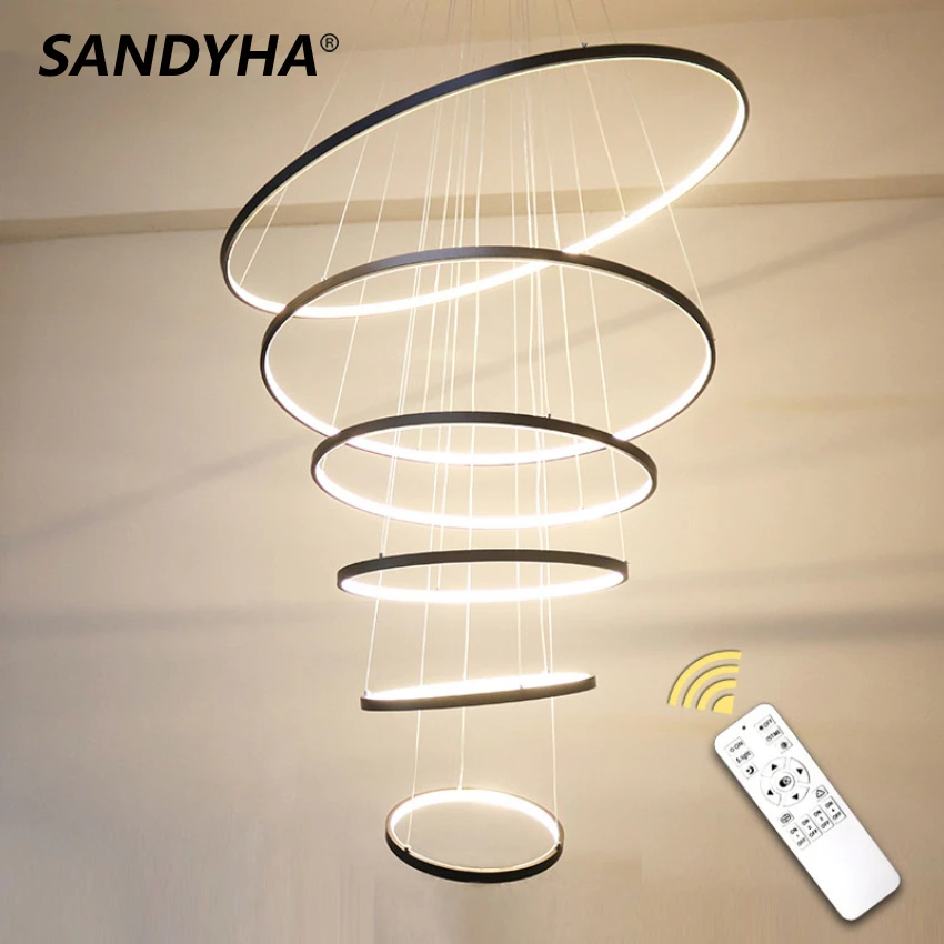 SANDYHA Nordic Ring Led Chandeliers Black Gold Remote Control Pandent Lamp Living Dining Kitchen Bedroom Home Decore Lighting