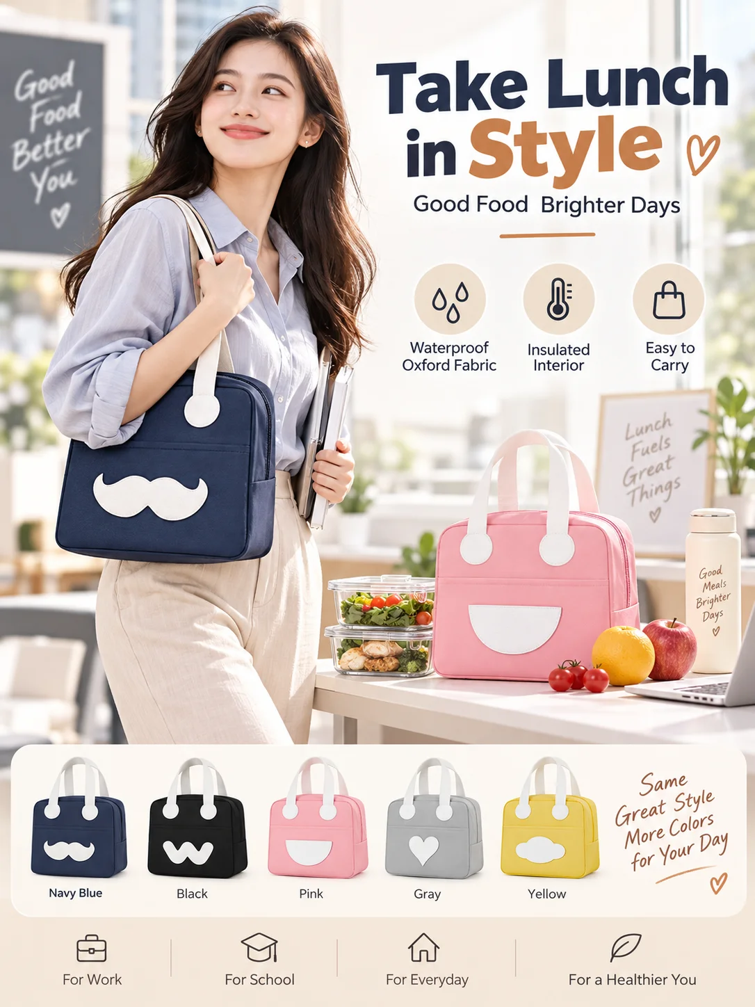 High-QualitySmiley Lunch Bag, Durable Oxford Fabric with Aluminum Foil Lining, Leak-Proof and Easy to Clean, Ideal for Commuters