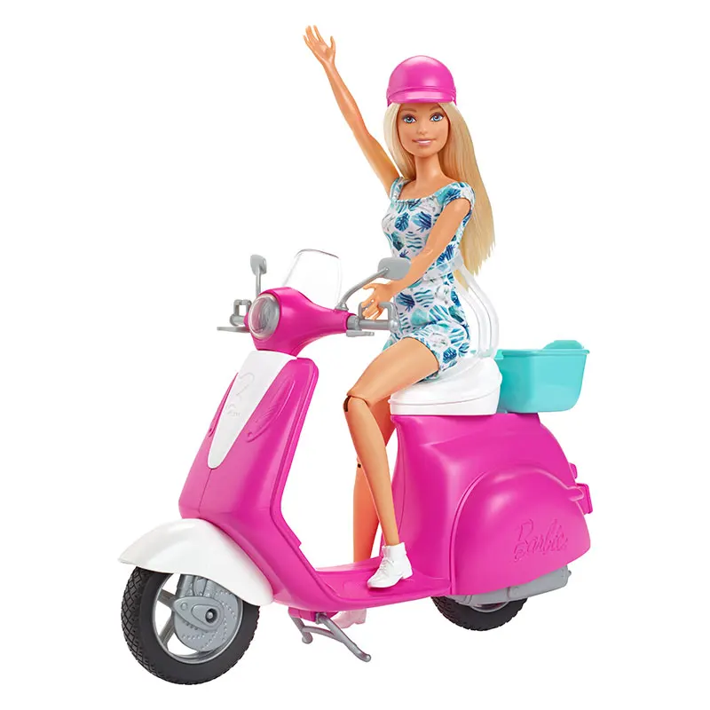 Lalka Barbie Blonde i różowa hulajnoga Vespa z zestawem kasków Zabawki do zabawy GBK85 dla dziewczynek Prezent świąteczny