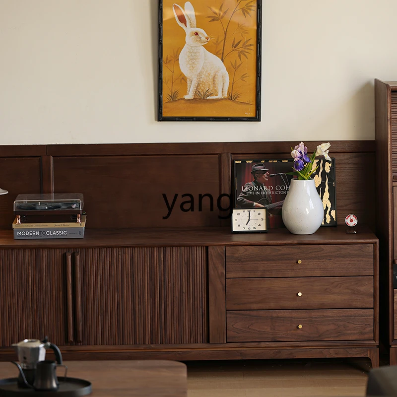 Yjq Mid-Ancient Solid Wood TV Cabinet Black Walnut Living Room Small Apartment Retro TV Clothes Closet